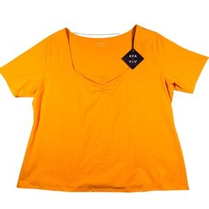 Ava & Viv Short Sleeve Top Womens 4X Orange Ruched Square Neck Tee